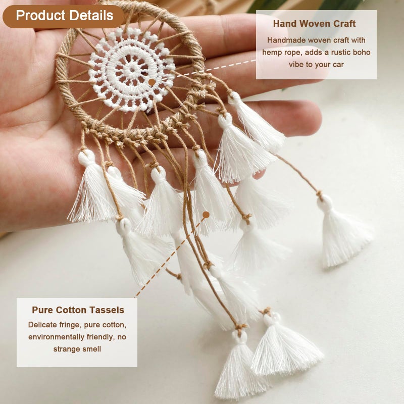 Artilady Small Dream Catcher for Cars - Bohemian Mini Dream Catchers for Cars Rear View Mirror Hanging Decoration (White) - Image 3